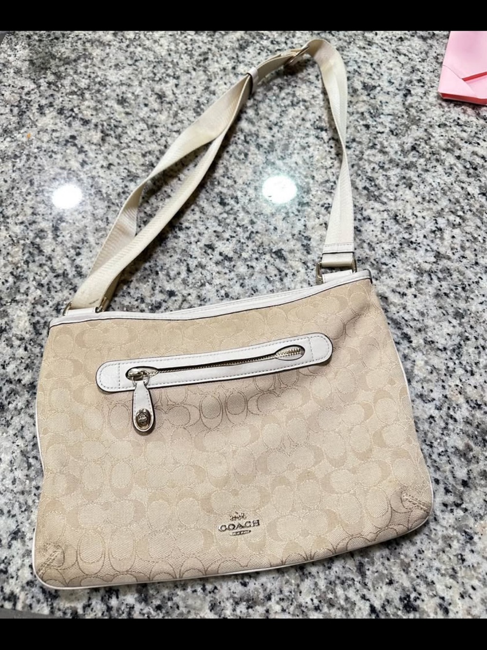 Coach Beige Signature Canvas Shoulder Bag with Front Zip